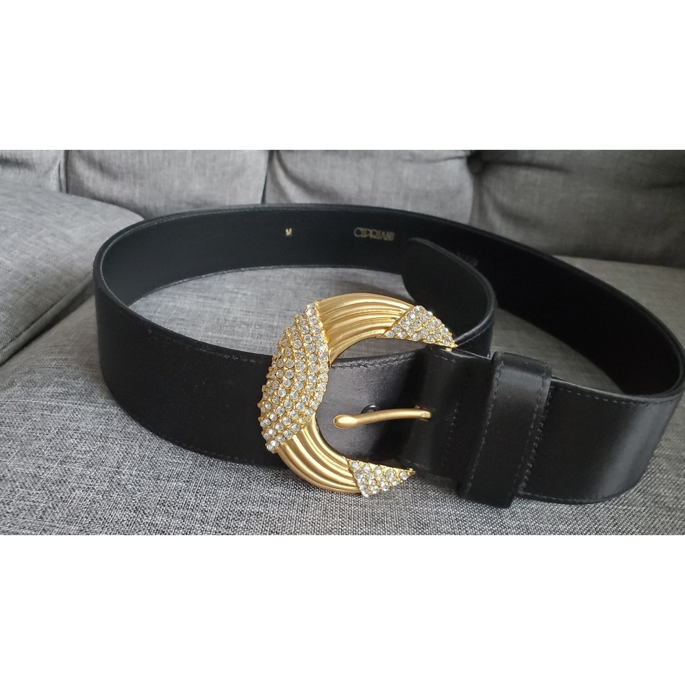 Cipriani Black Satin Belt Gold Rhinestone Crescent Buckle Size M 1059 Vintage